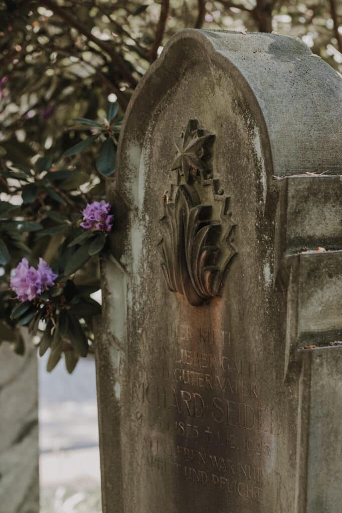 Ein verwitterter Grabstein aus Stein mit einem eingemeißelten Blumenemblem an der Spitze steht ruhig da. Daneben wachsen violette Blumen und grüne Blätter, die sanften Schatten werfen. Ein teilweise sichtbarer Text deutet auf unerzählte Geschichten hin, eingebettet in üppiges Laubwerk – vielleicht berührt von denen der Bestattung Dresden.